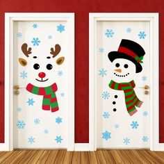 two doors decorated with snowmen and reindeers, one is painted on the wall