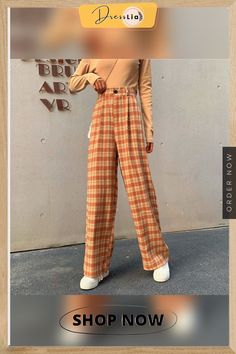 Simple Vintage Plaid Causal Long Women Pants Street Fashion Straight Wide Leg Pant Plaid Straight Pants For Summer, Summer Plaid Straight Pants, Casual Baggy Plaid Bottoms, Retro Baggy Pants For Fall, High Waist Plaid Summer Pants, Casual Plaid Pants For Spring, Trendy Plaid Pants For Summer, Trendy Relaxed Fit Pants For Fall, Trendy Plaid Cotton Pants