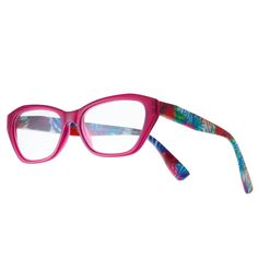 These women's Foster Grant reading glasses are designed to keep your look on point while reducing eye strain and headaches. Frame material: plastic Frame color: magenta with floral details Lens material: acrylic Durability: scratch resistant Case: soft pouch with microfiber cleaning cloth Model number: 1019039 FIT DETAILS Eye/bridge/temple measurements: 53mm/16mm/140mm How do I find my frame size? Silhouette: cat-eye Nose pads: integrated Hinges: flexible  Size: +1.5. Color: Multicolor. Gender: Foster Grant Reading Glasses, Color Magenta, Cute Glasses, Floral Cat, Designer Glasses, New Glasses, Fit Details, Microfiber Cleaning Cloths, Eye Strain