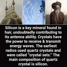 a collage of photos with the caption saying,'silcon is a key mineral found in hair, undubeddedly contribully containing to its antenna ability crystals have the power to receive & transmit energy