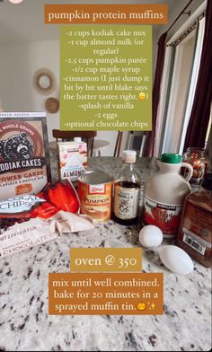 ingredients to make pumpkin muffins on a kitchen counter top with text overlay