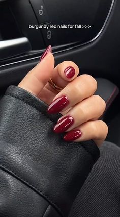 Winter Nails Wine Red, Deep Maroon Nails Burgundy, Burgundy Glossy Nails, Wine Red Round Nails, Cherry Wine Red Nails, Hailey Bieber Nails Burgundy, Carmine Red Nails, Dark Cherry Red Nails Square, Nail Inspo For Nyc