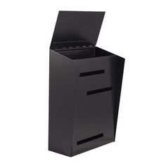 a tall black box with two compartments on the front and one drawer open to reveal files