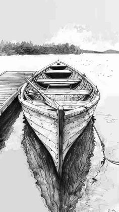 a pencil drawing of a boat tied to a dock