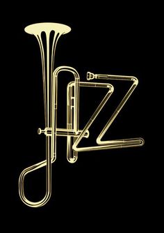 a black and yellow poster with an instrument in the shape of a jazz band logo