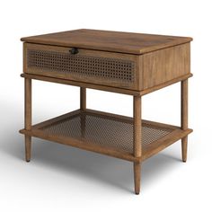 a wooden table with a drawer and shelf underneath it on an isolated white background,