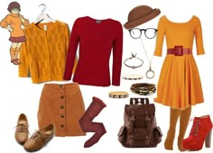 an assortment of women's clothing and accessories including shoes, hats, scarves