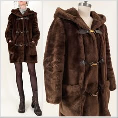 "60s/70s Sears plush faux fur hooded coat. Chocolate brown shell with a leopard-toned paisley lining and quilted sleeves. Metal zipper and hook closures down the front. Zipper can be a little sticky at the bottom but works well. Shows some average textural wear to the fur and some surface-wear to the hooks - please see photos. Quilting in one sleeve has a small tear not visible when wearing. In overall great vintage condition.  All measurements are taken with the garment laying flat and doubled for the bust, waist, and hips.  Bust: 40\" Waist: 41\" Hips: 44\" Shoulder to Shoulder: 15.5\" Sleeve (center back collar seam to cuff): 28.5\" Length (center back collar seam to hem): 32\" Label: Sears Material: Not Listed Size on Tag: N/A Approx. Fit: M  Some garments have been adjusted in photos Winter Coat Aesthetic, Retro Brown Outerwear With Faux Fur Lining, Cozy Brown Outerwear With Faux Fur Trim, Cozy Brown Long Sleeve Fur Coat, Fur Jacket Outfit, Fur Hooded Coat, Retro Brown Fitted Fur Coat, Quilted Sleeves, Faux Fur Hooded Coat