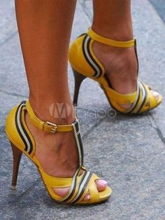 Yellow Sandal Shoes Peep Toe Stiletto Heel T Strap Color Block Women's Sandals Yellow Sandals, Elegante Casual, Yellow Shoes, Women Sandals