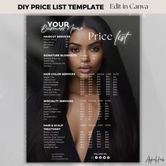 Hair Pricing Template, Editable Hair Stylist Price List Template, Hairstylist Pricing Guide Sheet, Hair Business Salon Black and White Flyer ⭐️ WELCOME TO AHJIN HUB ⭐️ We are your source and destination of all things template ideas. Keep Your Business Organized with this Minimal and Neutral flyer template that is perfect for your social media. This Price template is perfect for small businesses such as beauty salons, nail salons, hair or spa businesses. The template is easy to customize and will Hair Gel Flyer, Hair Stylist Price List, Salon Black And White, Pricing Templates, Spa Business, Hair Business, Price List Template, Pricing Guide, Diy Braids