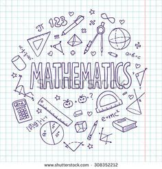 the word math surrounded by hand drawn school related items on a sheet of exercise paper