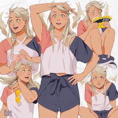 an anime character with blonde hair and two other characters in the background, all wearing short shorts