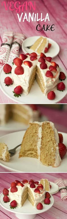 a cake with white frosting and strawberries on top is cut in half to show the layers