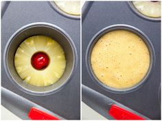 two pictures of pineapple cupcakes in a muffin tin with a cherry on top