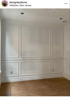 an empty room with white walls and wood floors is shown in this instagramtion