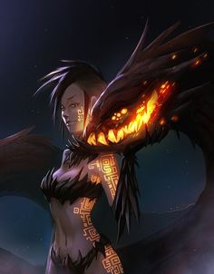 a woman with an evil face and wings on her back, in front of a dark background