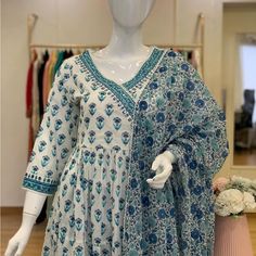 Nwt . Size:L , Anarkali Pit To Pit :21” , Waist:18” , Bust:27” . Length: 47”, Sleeve:20” . Pants Length :39” . Bust:23” . Elevate Your Wardrobe With This Stunning 3-Piece Cotton Suit, Perfect For Any Special Occasion. The Set Includes A White And Multi-Colored Anarkali Dress, A Salwar Kameez, And A Dupatta. The Intricate Design And Attention To Detail Make This A True Designer Piece. Crafted From High-Quality Cotton And Cotton Blend Materials, This Suit Is Comfortable And Durable. The Size Is L Cotton Anarkali, Anarkali Dress, Designer Dresses Indian, Anarkali, Suits For Women, Designer Dresses, Cotton Blend, Midi Dress, Blue And White