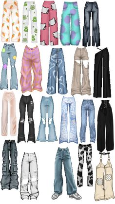 an assortment of different colored pants and leggings for the female character in the video game