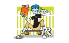 a person sitting on a skateboard with a book in his hand and holding a wheel