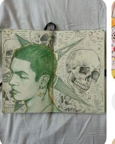 two pictures with different colored pencils on them and one has a drawing of a man's head