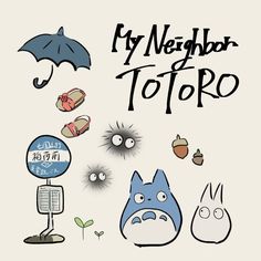 an image of cartoon characters with umbrellas and other things in the background that say, my neighbor totoro