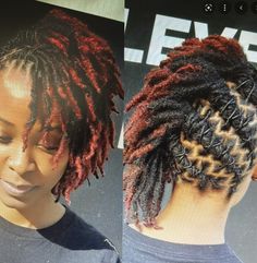 Cute Short Dread Styles For Black Women, Short Loc Color Ideas Black Women, Dreads With Color Black Women, Dread Styles For Short Hair, Updos For Short Locs Black Women, Barrel Twist Locs Women Half Up Half Down, Mid Length Loc Styles For Women, Starter Locks Black Women, Elegant Short Loc Styles