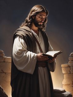 a painting of jesus holding a book in his hands and looking down at the ground