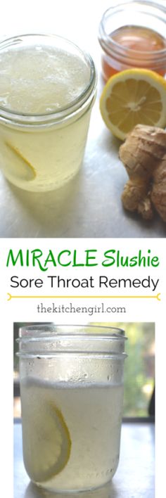 The Miracle Slushie Sore Throat Remedy - recipe created from my desperate need for sore-throat relief. Made with all-natural ingredients. Kids love it as a summer slushie too! thekitchengirl.com Throat Relief, Sore Throat Relief, Throat Remedies, Sore Throat Remedies, Throat Pain, Ginger Honey, Slushie Recipe, Sick Remedies, Cold Remedies