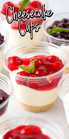 cheesecake cups filled with cherries and whipped cream