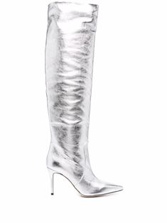 silver-tone leather/calf leather metallic effect pointed toe slip-on style knee-length 85mm stiletto heel leather outsole Sliver Heels, Silver Metallic Heels, Brian Atwood Heels, Brian Atwood Shoes, Silver Boots, Knee Length Boots, Leather Heeled Boots, Black Boots Tall, Metallic Heels