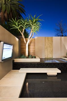 an outdoor living area with a television and trees