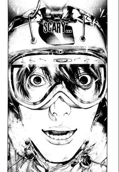 a drawing of a person wearing a helmet and goggles with words above it that reads,