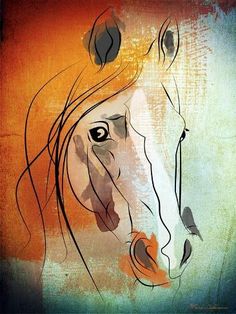 a painting of a white horse with orange and blue colors on it's face