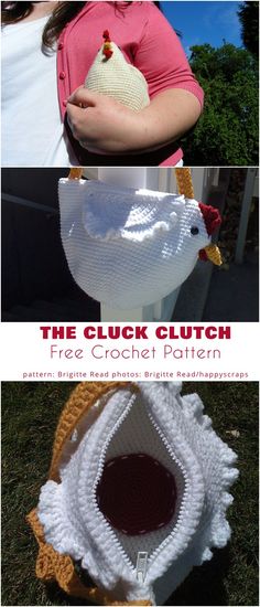 the crochet chicken free pattern is shown in three different pictures, including one with a