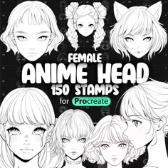 female anime head drawings for procreate with the title'female anime head 150 stamps '