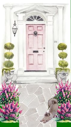 a painting of a cat in front of a door with pink flowers and potted plants