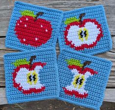 three crocheted coasters with apples on them