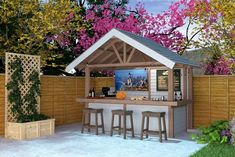 an outdoor bar with three stools and a television on the wall in front of it