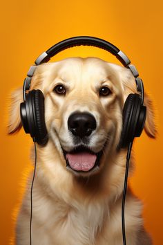 A photography of a labrador dog wearing black headphones posing in a orange background. Dog Wearing Headphones, Dog With Headphones, Cute Labrador, Dog Photoshoot, Funny Pets, Dog Wear