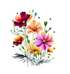 a bunch of flowers that are on a white background