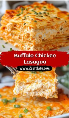 buffalo chicken lasagna on a plate with a fork in it and the title overlay reads buffalo chicken lasagna