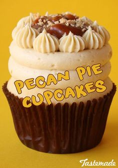 there is a cupcake with white frosting and toppings on the top that says pecan pie cupcakes