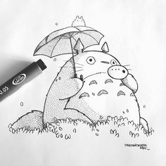 a drawing of a cat holding an umbrella in the grass with another cat under it