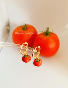 Dainty Tomato Huggie Earrings - Etsy Tomato Earrings, Petite Earrings, Dainty Hoop Earrings, Funky Earrings, Fall Earrings, Funky Jewelry, Jewelry Lookbook, Huggie Earrings, Jewelry Inspo