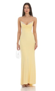 Cowl Neck Mermaid Maxi Dress in Yellow | LUCY IN THE SKY Mermaid Maxi Dress, Mode Hippie, Lucy In The Sky, Cute Prom Dresses, Grad Dresses, Hoco Dresses