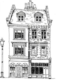 an ink drawing of a building with windows