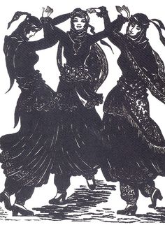 three women are dancing together in black and white paper cutouts, each holding their arms around one another