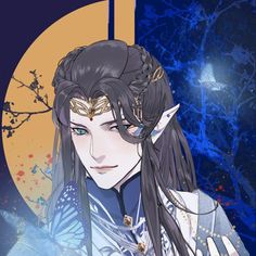 an anime character with long black hair and blue eyes, standing in front of a full moon