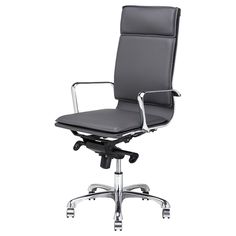 an office chair with chrome frame and black leather upholstered seat, viewed from the front