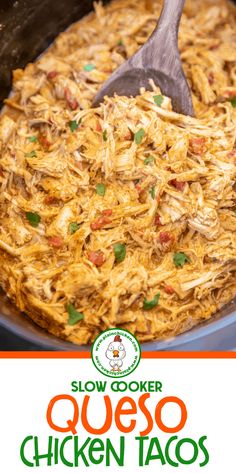 slow cooker cheesy chicken tacos in a crock pot with text overlay